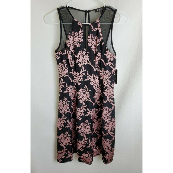 Guess Womens 6 Printed Illusion Trim Fit N Flare Dress Pink Black Sleeveless NWT - Picture 5 of 11